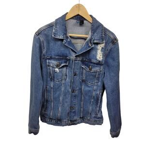 H&M Divided Distressed Denim Jean Trucker Jacket Women's Size M Y2K